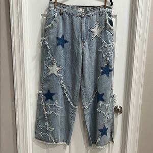 POL Blue Flare Wide Leg Jeans with Star Pattern